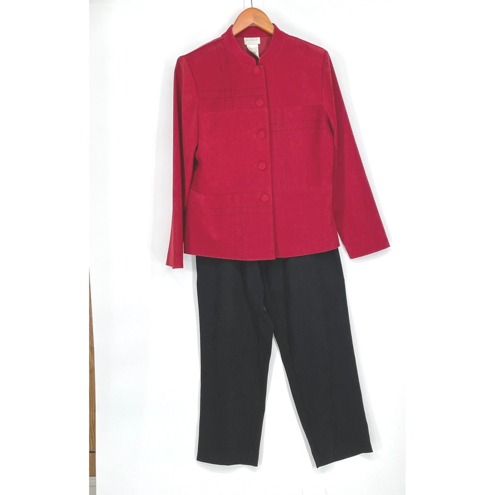 Koret Women Suit Set 10 Blazer Pants Red Black Faux Suede‎ Stitched